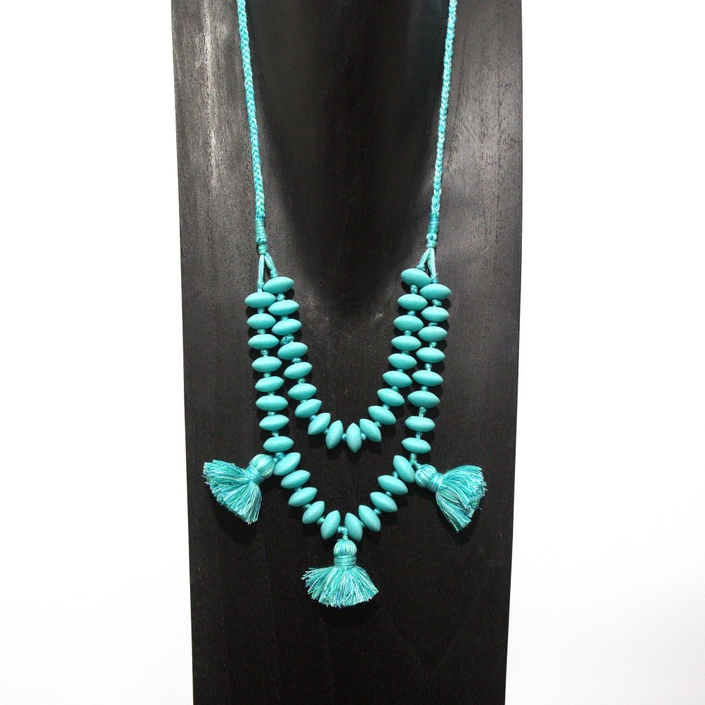 Kalung Manik Boho Chic Biru Turquoise Aksen Tassel Rumbai - Statement Necklace