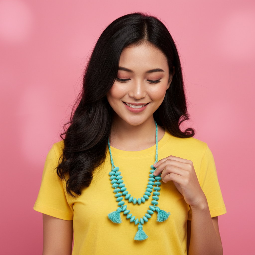 Kalung Manik Boho Chic Biru Turquoise Aksen Tassel Rumbai - Statement Necklace