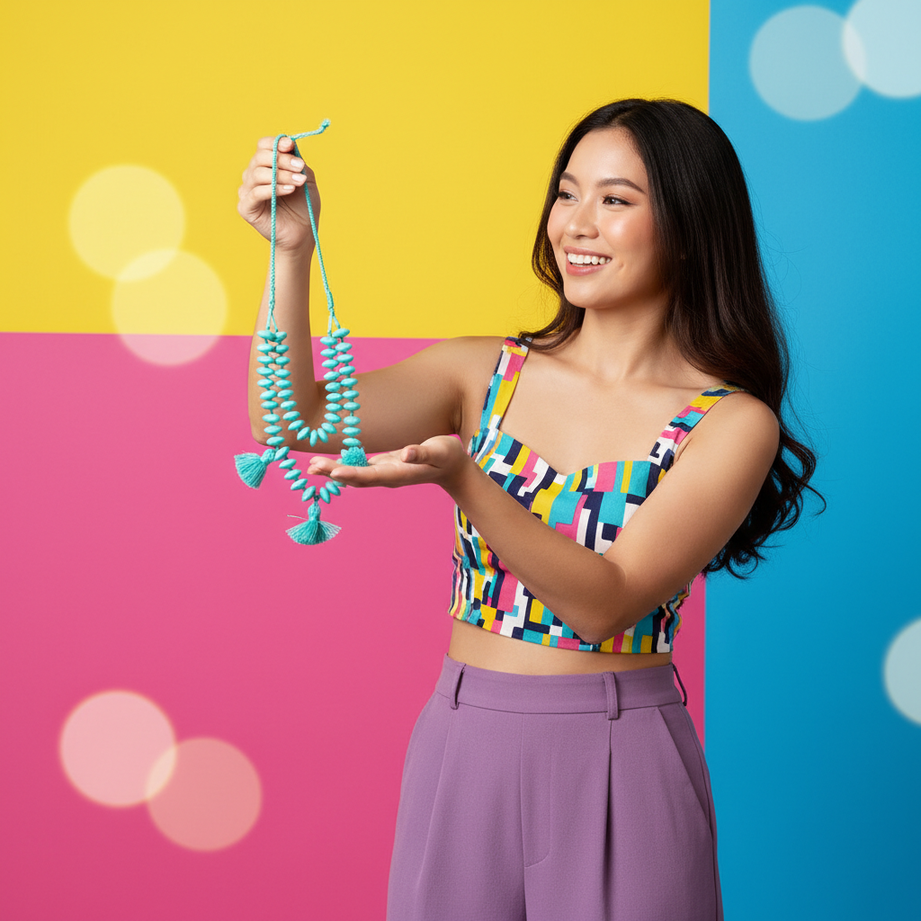 Kalung Manik Boho Chic Biru Turquoise Aksen Tassel Rumbai - Statement Necklace - Image 3