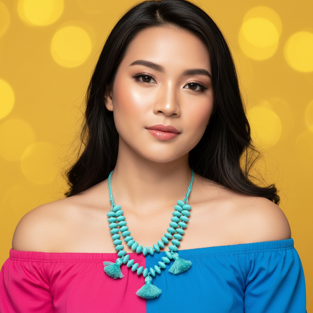 Kalung Manik Boho Chic Biru Turquoise Aksen Tassel Rumbai - Statement Necklace - Image 4