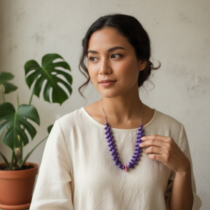 Kalung Manik Etnik Simpul Lilit Warna Ungu Cluster Aksen Pink - Handmade Boho