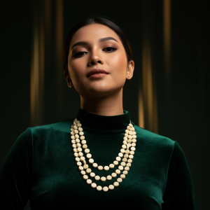 Kalung Statement Susun Tiga Manik Piringan Warna Cream (Bone White) - Aksen Gold Mewah